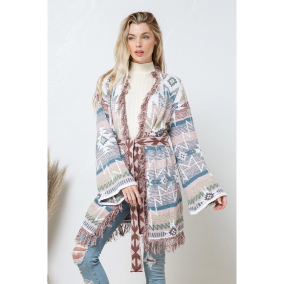 SOLD OUT Rose Fringe Western Native Aztec Belted Tie Knit Cardigan Boho Sweater - Picture 2 of 7